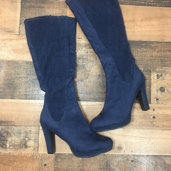 navy wide calf knee high boots